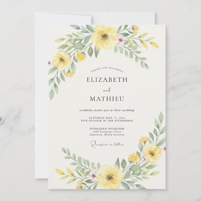 Sanfte gelbe blättrige Hochzeit Einladung (Vorderseite)