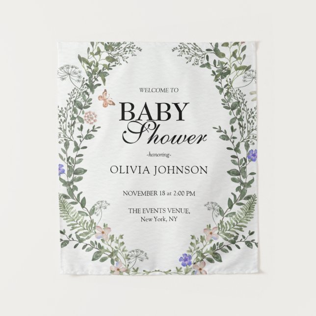 Sanfte grüne Boho Floral Gender Neutral Baby Dusch Wandteppich (Vorderseite)