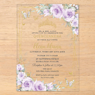 Sanfte Lila Fliederrosen Florales Gold Quinceañera Acryleinladungen
