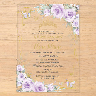 Sanfte Lila Fliederrosen Florales Gold Quinceañera Acryleinladungen