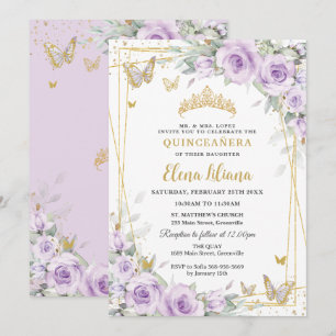 Sanfte Lila Fliederrosen Florales Gold Quinceañera Einladung