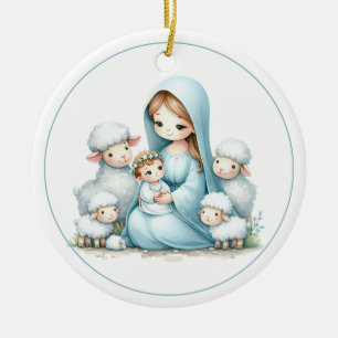 Sanfte Nacht – Baby Jesus und Lämmer Keramik Ornament