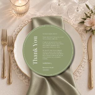 Sanfte Olive Hochzeitsempfang Tisch Danke Karte