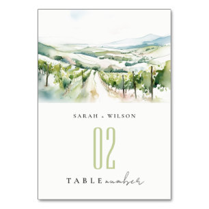 Sanfte Pastell-Aquarell-Landschaft Weinberg Hochze Tischnummer
