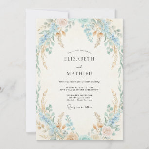 Sanfte Pfirsich-Azura-Wildblumenhochzeit Einladung