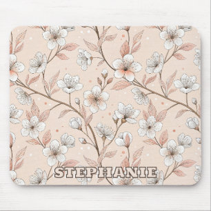 Sanfte Pfirsich-Blütenzweig mit weißen Blüten Mousepad
