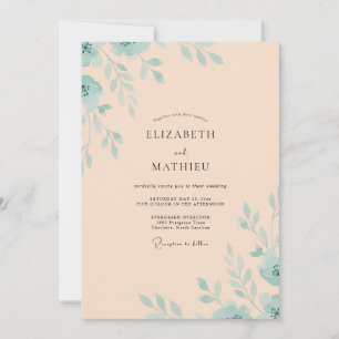 Sanfte Pfirsich-Minze-Blumenhochzeit Einladung