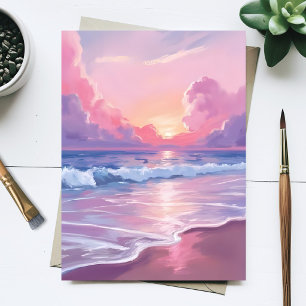 Sanfte rosa Ozeanwellen Pastell-Sonnenuntergang Aq Postkarte