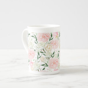 Sanfte Rosa Pfingstrose- und Rosen-Aquarell-Blumen Prozellantasse