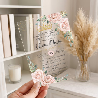 Sanfte Rosa Rosen Florale Goldene Quinceanera Acryleinladungen