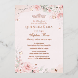 Sanfte Rosa-Rosen-Schmetterling Quinceanera 15. Folieneinladung