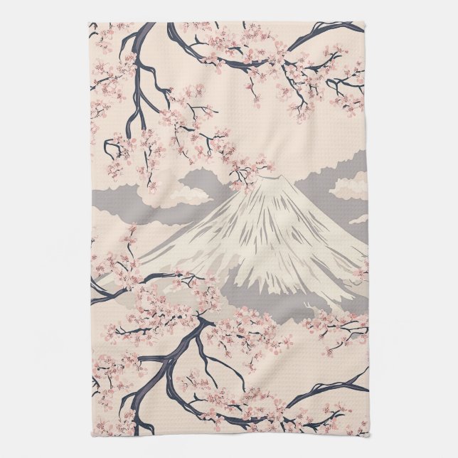 Sanfte rosa Sakura-Mount-Fuji-Szene Geschirrtuch (Vertikal)