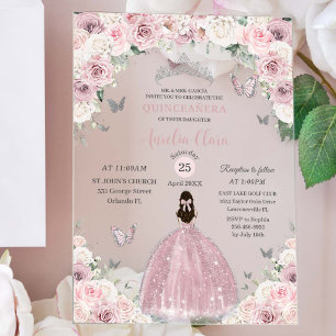 Sanfte rosa weiße Blumen Prinzessin Quinceañera XV Acryleinladungen