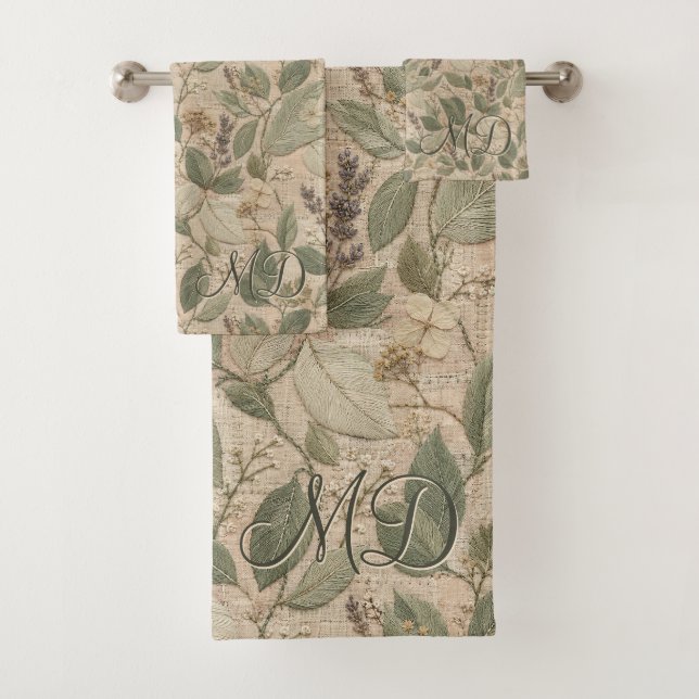 Sanfte Salbei-Rustikal-Blatt-Blumenmuster Badhandtuch Set (Insitu)