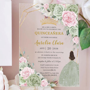 Sanfte Salbeigrüne Rosa Florale Goldene Quinceañer Acryleinladungen