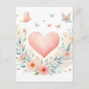 Sanftes Aquarell-Herz Liebe Blumen Vögel Ankündigungspostkarte