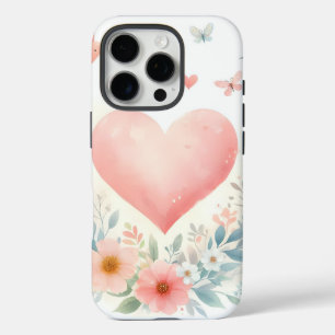 Sanftes Aquarell-Herz Liebe Blumen Vögel iPhone 16 Pro Hülle