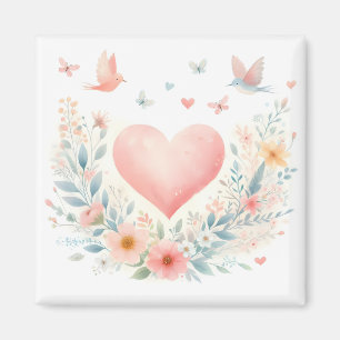Sanftes Aquarell-Herz Liebe Blumen Vögel Magnet