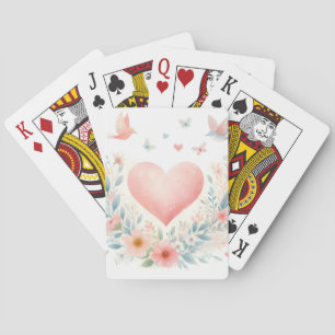 Sanftes Aquarell-Herz Liebe Blumen Vögel Spielkarten