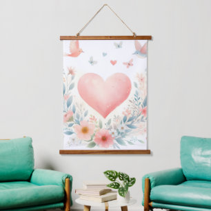 Sanftes Aquarell-Herz Liebe Blumen Vögel Wandteppich Mit Holzrahmen