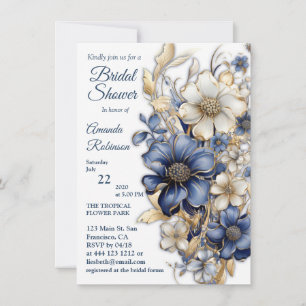 Sanftes Blau, weiße Blumen und goldene Ätzungen  Einladung