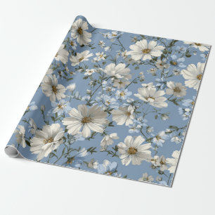 Sanftes Blau Weißes Ditsy-Blumen Pastell Boho 70er Geschenkpapier
