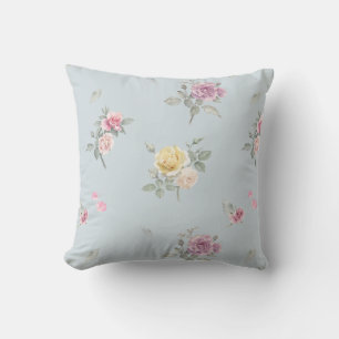 Sanftes Blaugrau Rosen-Wasserfarben-Blumenmuster Kissen