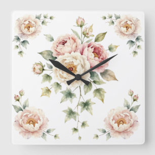 Sanftes Pfingstrosenbouquet Wasserfarben Eleganz Quadratische Wanduhr