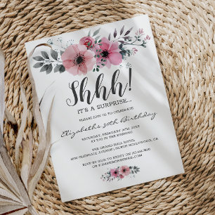 Sanftes rosa floral Aquarell Shhh Überraschungsgeb Einladung