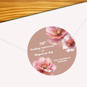 Sanftes Rosa Gold Blumen 70. Hochzeitstag Runder Aufkleber