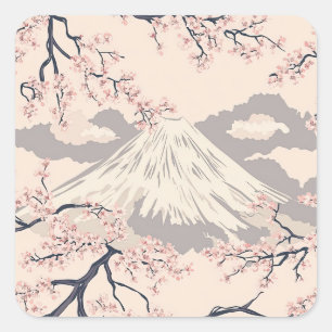 Sanftes Rosa Sakura Mount Fuji Szenenmuster Quadratischer Aufkleber