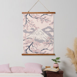 Sanftes Rosa Sakura Mount Fuji Szenenmuster Wandteppich Mit Holzrahmen