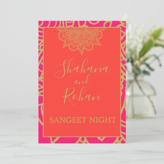 Sangeet Indian Style Orange Pink Gold Elegant Einladung (Stehend Vorderseite)