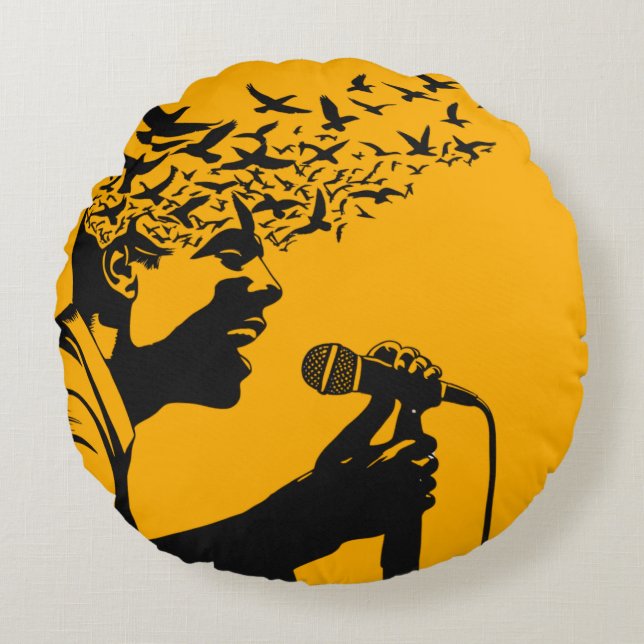 Sängerin Silhouette mit Vögeln Rundes Kissen (Vorderseite)