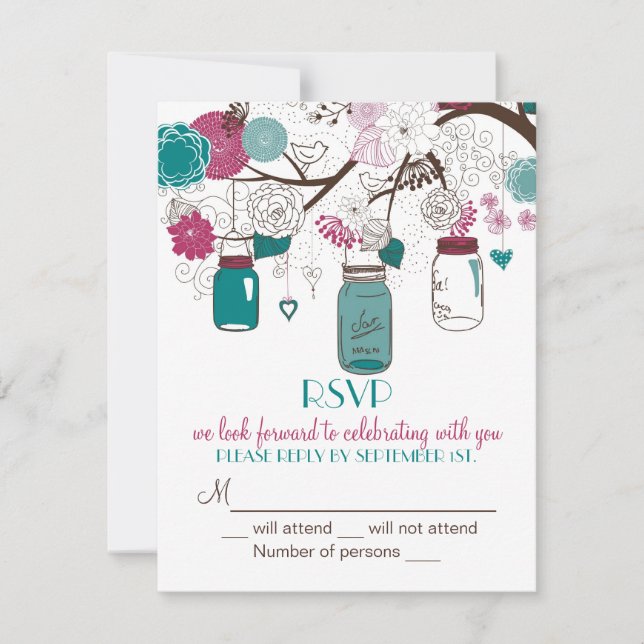 Sangria & Aquamarin Mason Jars UAWG Wedding Einlad RSVP Karte (Vorderseite)