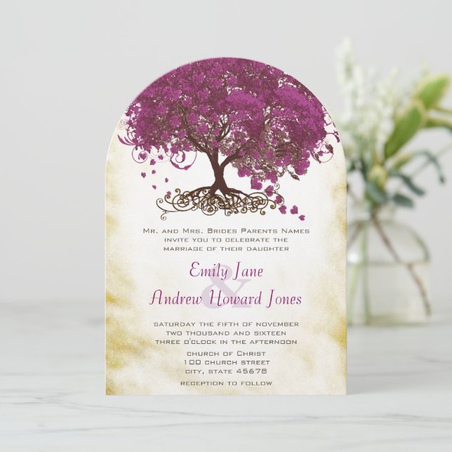 Sangria Herz Leaf Tree Wedding Einladungen (Stehend Vorderseite)