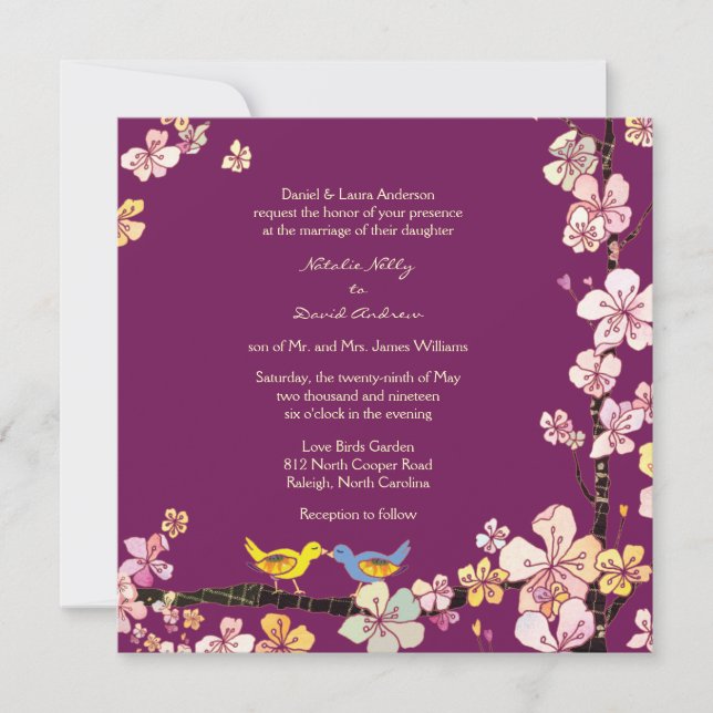 Sangria Love Birds Romantische Blumenhochzeit Einladung (Vorderseite)