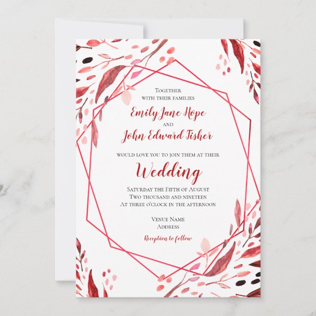 Sangria Red Blätter Geometric Frame Wedding Einladung (Vorderseite)