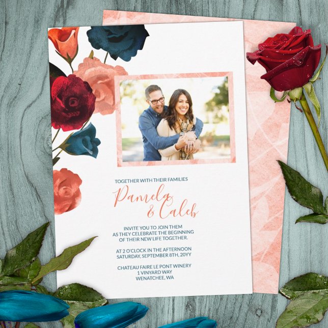 Sangria Wein, Rot, Orange, Aquamarine Rose Hochzei Einladung (summer sangria burgundy red teal green peach roses garden botanical wedding invitations )