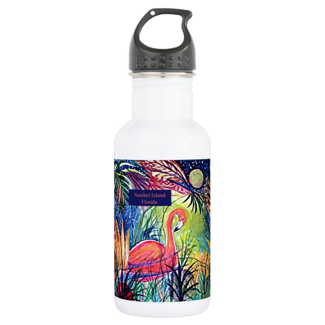 Sanibel Insel-Flamingo-Kunst Edelstahlflasche (Vorderseite)