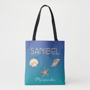 Sanibel mit Muscheln auf blau und individuelle Nam Tasche
