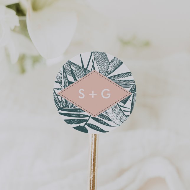 Sanibel | Tropische Botanische Hochzeitsmonogramm Runder Aufkleber (Von Creator hochgeladen)