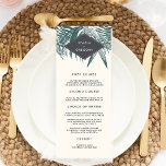 Sanibel | Vintage Karte des tropischen Hochzeitmen<br><div class="desc">Das Vintage, schicke Hochzeitsmenü bietet Vorspeisen, Vorspeisen und Desserts in eleganter Offschwarzer Schrift, die mit Vintagen Bildern von Palmenfronten in reichhaltigem Jasper-Grün im Stil von Palmen hervorgehoben sind, sowie Namen oder Wunschtexte auf einem grau-geometrischen Element aus Holzkohle. Entworfen, um mit unserer Sanibel Hochzeitskollektion für elegante Hochzeiten am Strand zu koordinieren....</div>