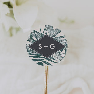 Sanibel   Vintage Tropische Hochzeitmonogramm Runder Aufkleber