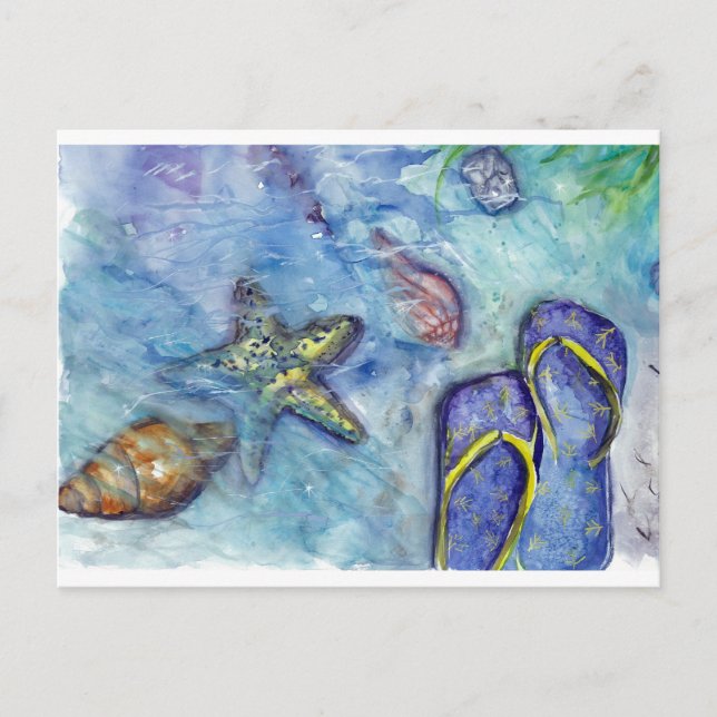 Sanidbel Sandals Watercolor Flip Flops Beach Thema Postkarte (Vorderseite)