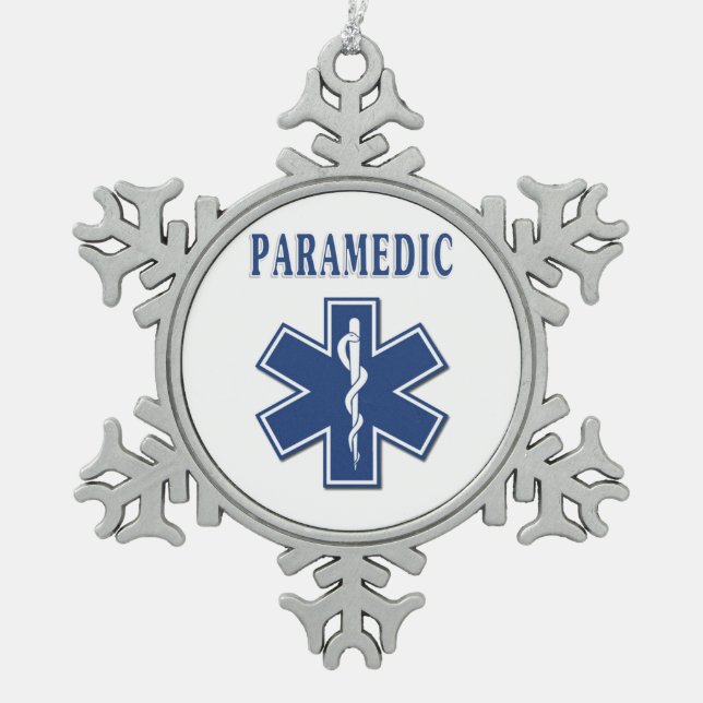 Sanitäter-blauer Stern des Lebens Schneeflocken Zinn-Ornament (Vorderseite)