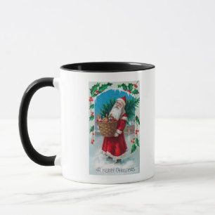 Sankt, die Korb der Spielwaren-Szene hält Tasse
