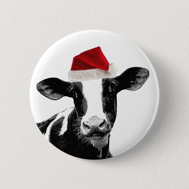 Sankt-Kuh - Milchkuh-tragende Weihnachtsmannmütze Button (Vorderseite)
