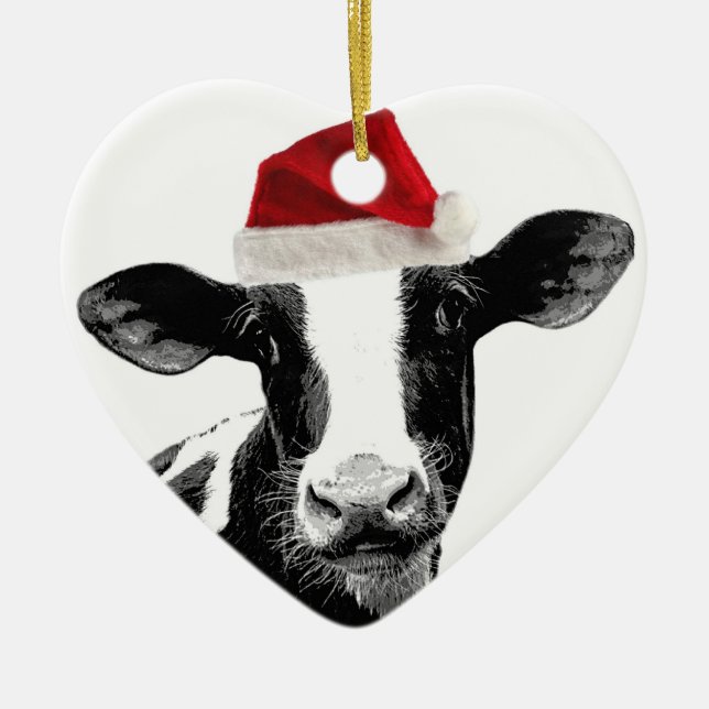 Sankt-Kuh - Milchkuh-tragende Weihnachtsmannmütze Keramikornament (Vorne)
