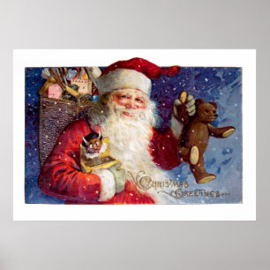 Sankt mit Teddybären und Krampus in einem Kasten Poster